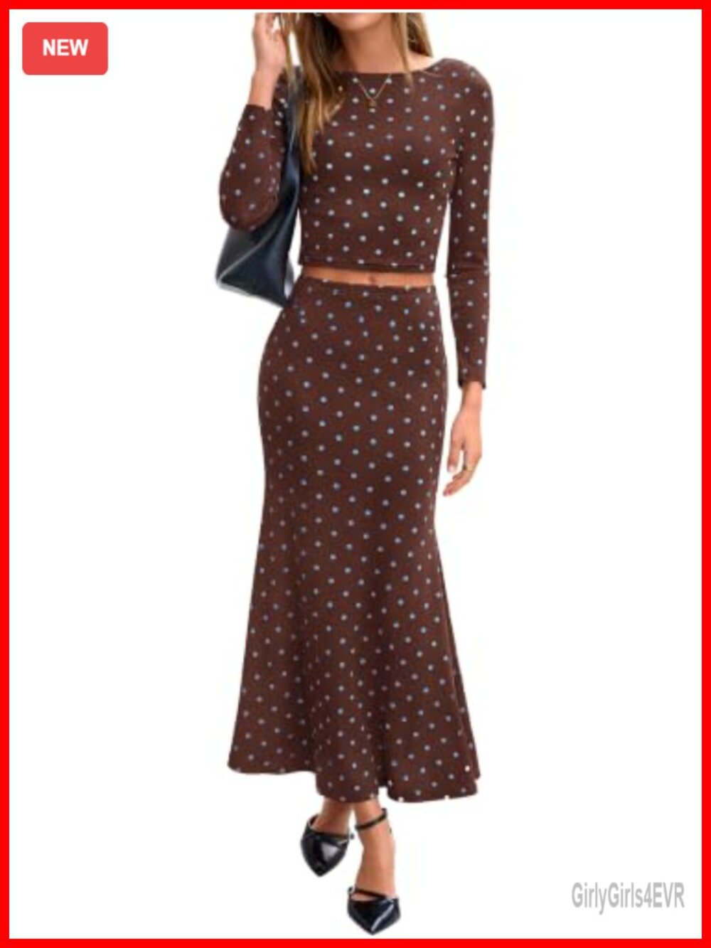Polka Dot Two Piece Skirt Set Long Sleeve Crop Top Maxi Skirt Slim Fit